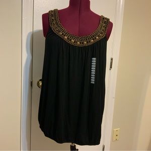 NWT Grace Elements Beaded Scoop Neckline Black/Gold Sleeveless Top